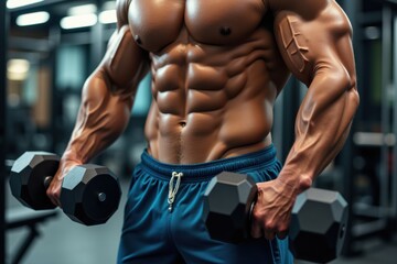 Close up of a muscular man lifting dumbbells, showcasing his defined abs and toned physique in a modern gym setting. Perfect for fitness, bodybuilding, health, and strength-themed projects.