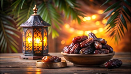 Close up of dates on a plate against a backdrop of Ramadan themed decorationsA plate of dates against a backdrop of Ramadan themed decorations