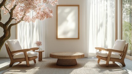 Serene Interior with Minimalist Design and Cherry Blossom Details