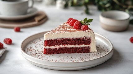 Delicious Red Velvet Cake Slice with Raspberries and Cream Topping