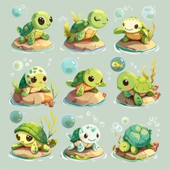 Fototapeta premium Series of cute turtle characters are shown in various poses