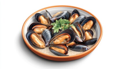 Fototapeta premium A bowl of cooked mussels garnished with parsley, showcasing a seafood dish.