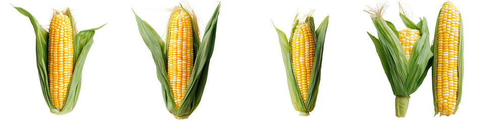 Close up photography of fresh ripe and organic corn cobs with green leaves attached to the stalks in a lush agricultural farm field under natural sunlight Concept of healthy nutritious