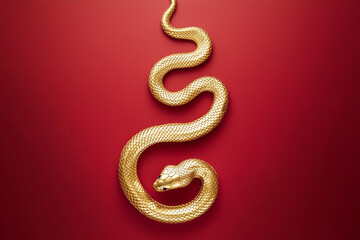 Golden snake on a red background, Chinese New Year concept