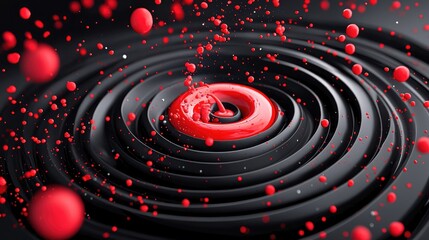 A vibrant red splash creates ripples in a dark, textured surface, showcasing a dynamic interplay of color and motion.
