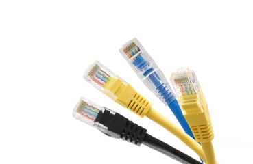 Multi colored network cables with molded RJ45 plug on transparent background (PNG File)