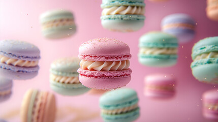 Obraz premium Colorful macarons floating in water with bubbles during a sunny day. Generative AI