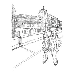 Walking Women At Country Side, simple vector sketch illustration