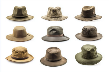 Collection of safari hats isolated on white background
