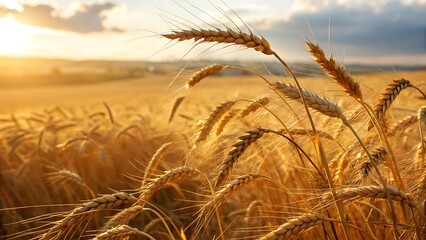 Golden wheat stalks swaying in a field during sunset, with a soft, warm light illuminating the scene