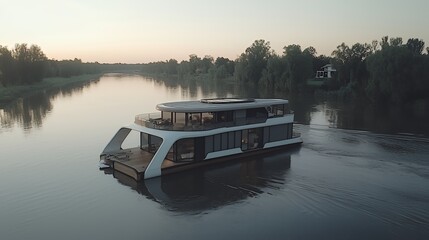 Naklejka premium Luxury Houseboat Cruise on Calm River at Sunset