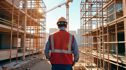 A construction worker observes a building site with cranes and scaffolding in the background.