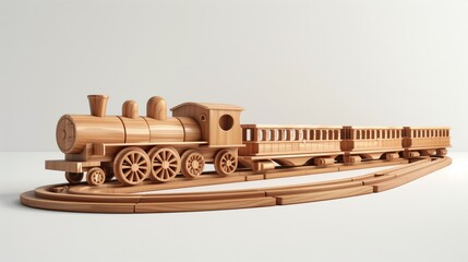 A classic wooden train set with detailed carriages and tracks, positioned neatly against a white surface.