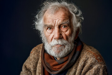 Elderly man with white beard and scarf against dark background