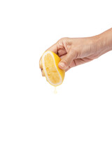 hand holding, squeezing lemon isolated on transparent png background.