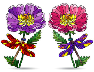 A set of illustrations in the style of stained glass with dragonflies on flowers, figures isolated on a white background