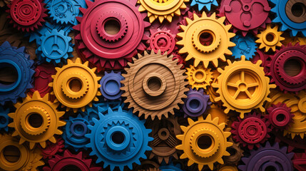 Colorful arrangement of wooden gears in diverse shapes and sizes showcasing the beauty of craftsmanship