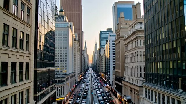 Vertical screen panning up reveals Fifth Avenue in Midtown Manhattan, New York City. Cars traverse street below and sun sets, casting a warm glow over the urban landscape
