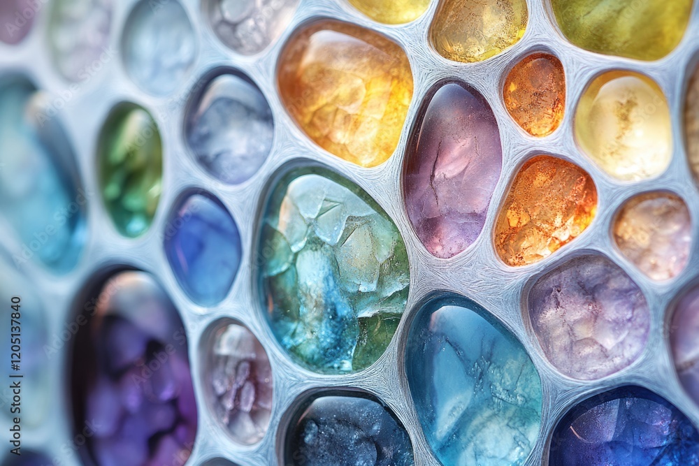 Poster A mesmerizing array of vibrant, multicolored gemstones embedded in a metallic frame, creating a stunning visual spectacle.