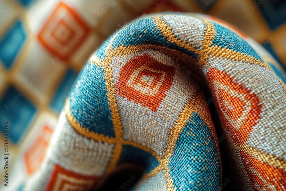Poster close-up of a textured fabric with a geometric pattern in teal, orange, and beige.