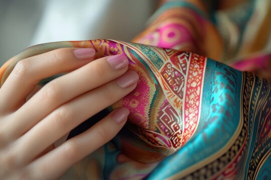 A hand gently caresses a vibrant, patterned silk scarf, showcasing its luxurious texture and intricate design.