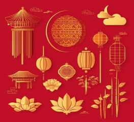 Fototapeta premium Golden Chinese New Year elements on red.