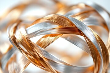 Abstract image of intertwined gold and silver wires creating a visually appealing, luxurious, and intricate design.