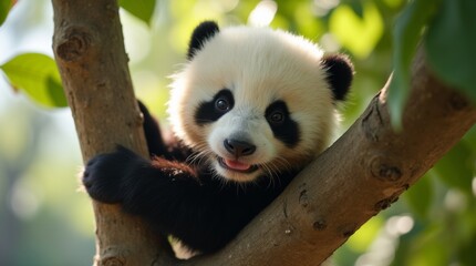 A close-up of a playful baby panda climbing a tree in a zoo exhibit, bathed in soft sunlight, celebrating the zoo's baby season.