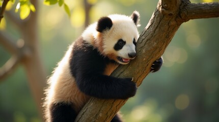 Obraz premium A close-up of a playful baby panda climbing a tree in a zoo exhibit, bathed in soft sunlight, celebrating the zoo's baby season.
