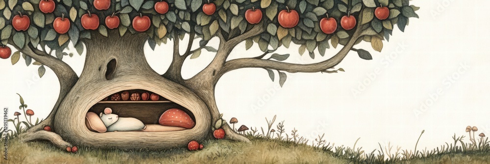 Poster cozy mouse rests under a vibrant apple tree in a serene woodland setting during a sunny afternoon. g