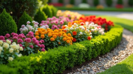 Fototapeta premium Close-up of a flower bed in a landscape design, with vibrant flowers, neatly trimmed hedges, and decorative stones, highlighting the beauty and care of the space.