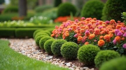 Close-up of a flower bed in a landscape design, with vibrant flowers, neatly trimmed hedges, and decorative stones, highlighting the beauty and care of the space.
