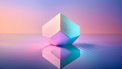Futuristic glowing geometric object with pastel gradient reflections on a reflective surface
