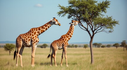 Obraz premium A baby giraffe stretching its neck to eat leaves from a tree, standing beside its mother in the savanna, showcasing the beauty of nature and wildlife.