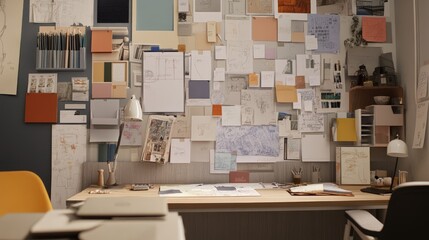 An interior designer's studio with vision boards, sketches, and an array of stylish furniture pieces and decor samples