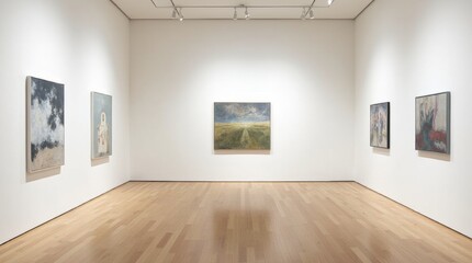 Obraz premium Abstract paintings displayed in a minimalistic gallery, soft lighting and polished wood flooring, perfect for showcasing contemporary art.