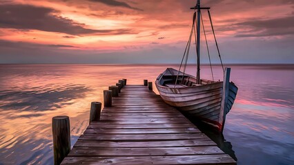Fototapeta premium Original oil painting of boat and jetty(pier) on canvas.Sunset over ocean.Modern Impressionism
