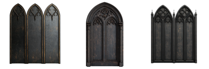 Dramatic Gothic architecture of an ancient religious building with intricate ornate stained glass windows  The moody atmospheric interior features arched doorways detailed patterns