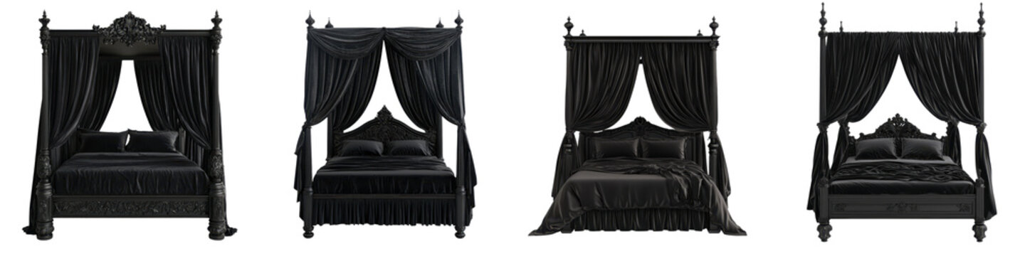 Luxurious black canopy bed with velvet curtains and ornate headboard in a dramatic high end bedroom interior design featuring classic gothic or renaissance architectural elements and decor