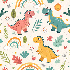 colorful seamless pattern for kids with cute dinosaurs
