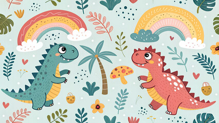 colorful seamless pattern for kids with cute dinosaurs