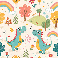 colorful seamless pattern for kids with cute dinosaurs