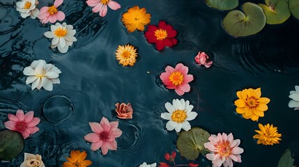Colorful Flowers Floating On Dark Water Surface