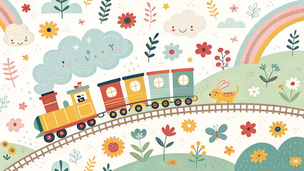 Fototapeta premium colorful seamless pattern for kids with railway, locomotives, carriages