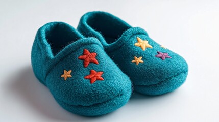 A pair of soft felt baby shoes in teal with embroidered stars, on a white background