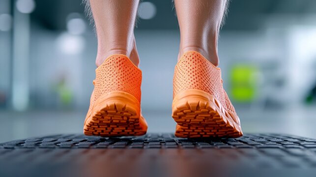 Bright Orange Sports Shoes on a Workout Mat in Fitness Center
