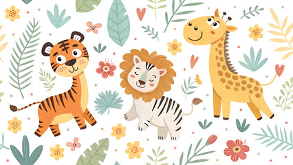 Fototapeta premium colorful seamless pattern for kids with giraffe, lion, tiger