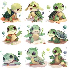 Fototapeta premium Series of cute turtle drawings with different poses and expressions