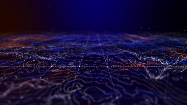 Flying through futuristic digital geology terrain, digital data telemetry and engineer topography with contour lines. 3D wireframe cartography concept.