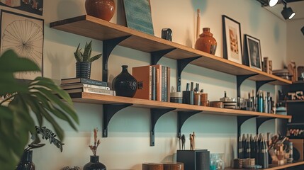 Obraz premium A modern home decor boutique offering wall-mounted shelves with stylish vases, books, and decorative accents on display
